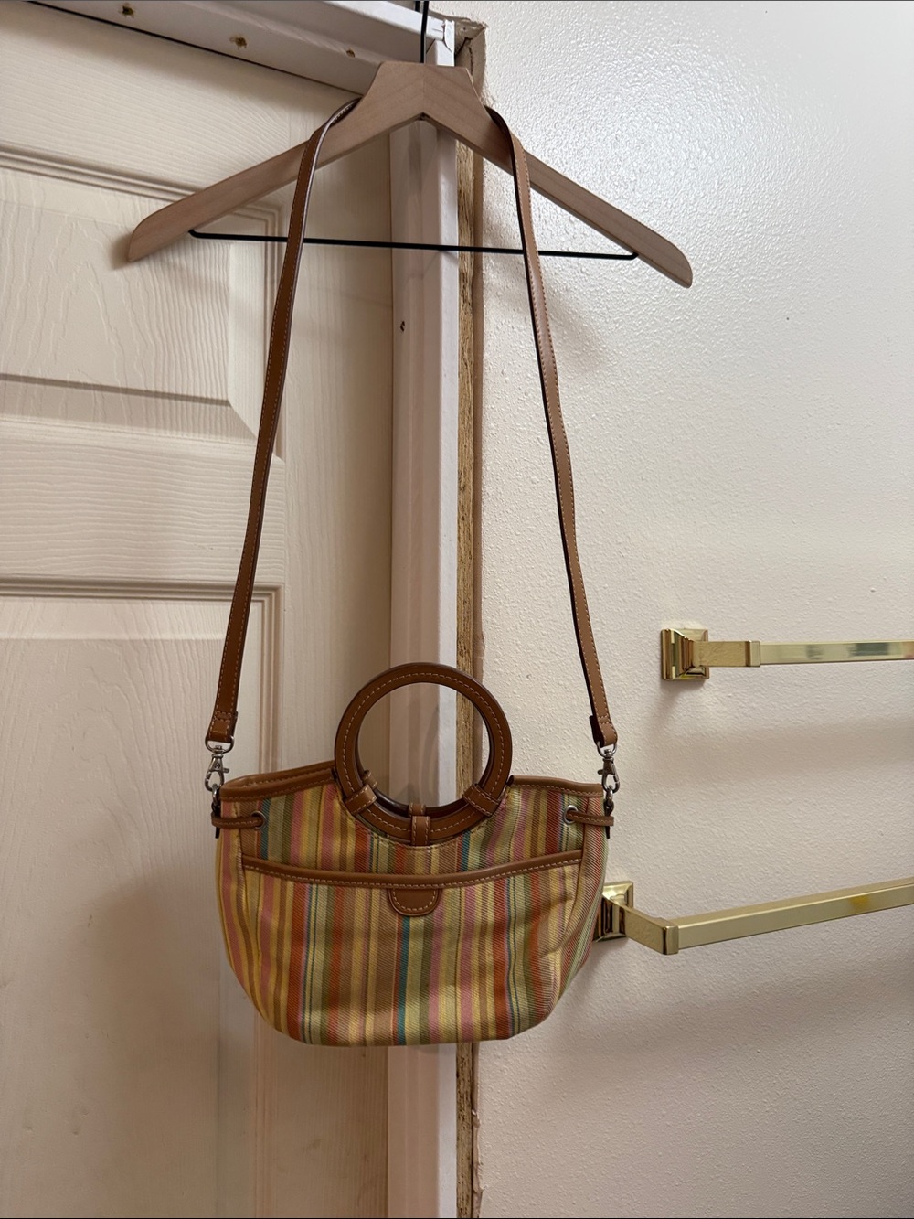 Fossil Multicolor Striped Circle-Handle Crossbody with Tan Trim